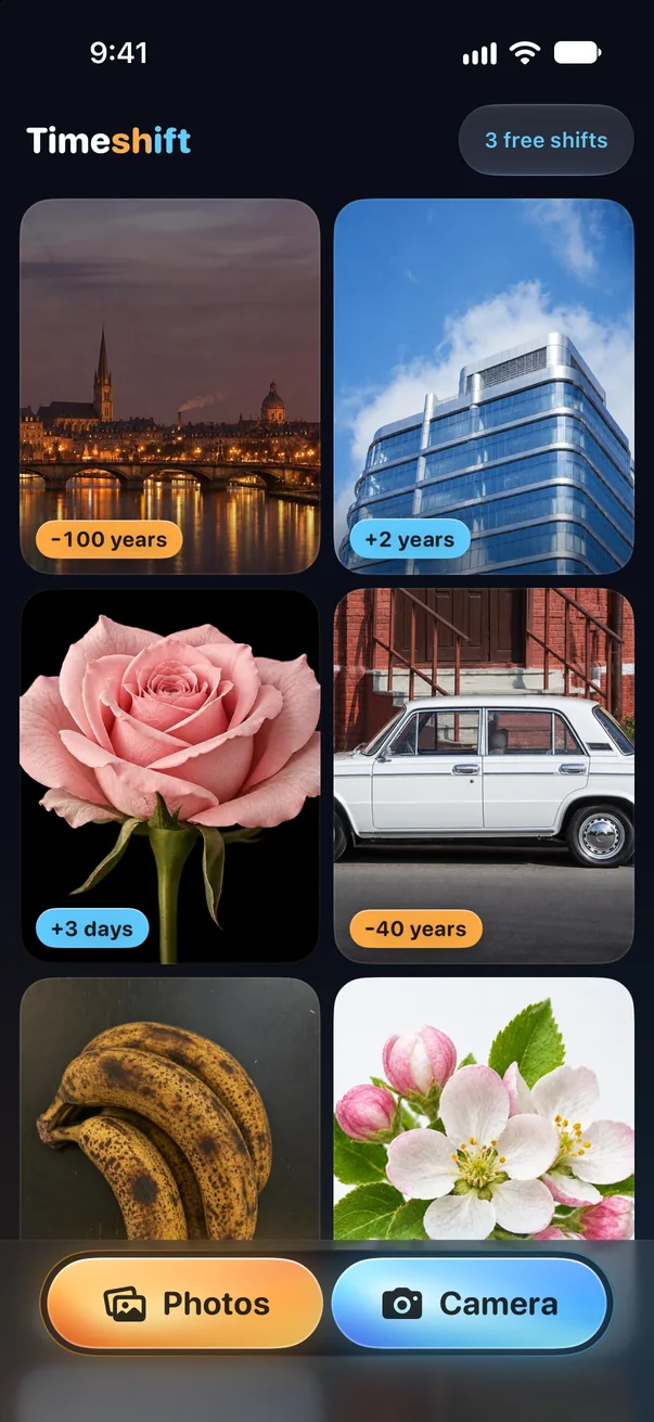 Timeshift's home screen: a gallery of pictures, each marked with its time, and buttons for Photos and Camera