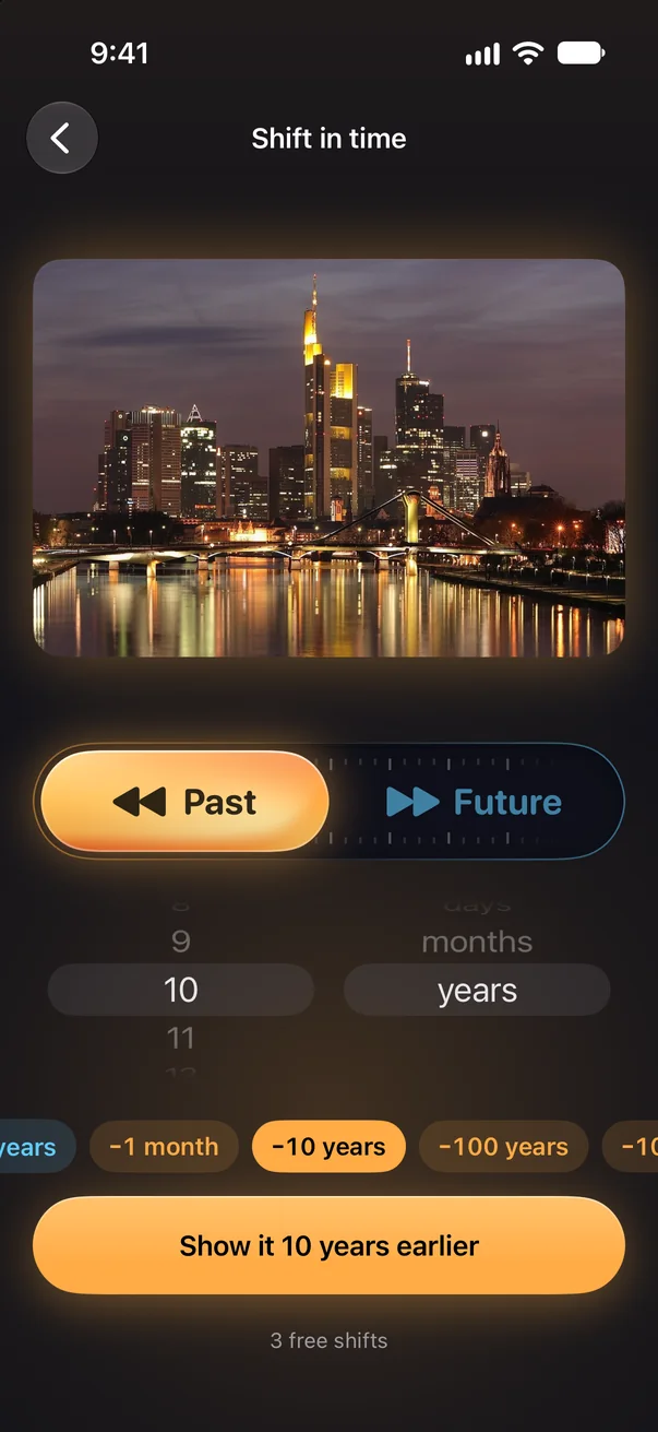 Choosing a time for a photo of a city at night: a switch between Past and Future, wheels for the amount and unit, and presets