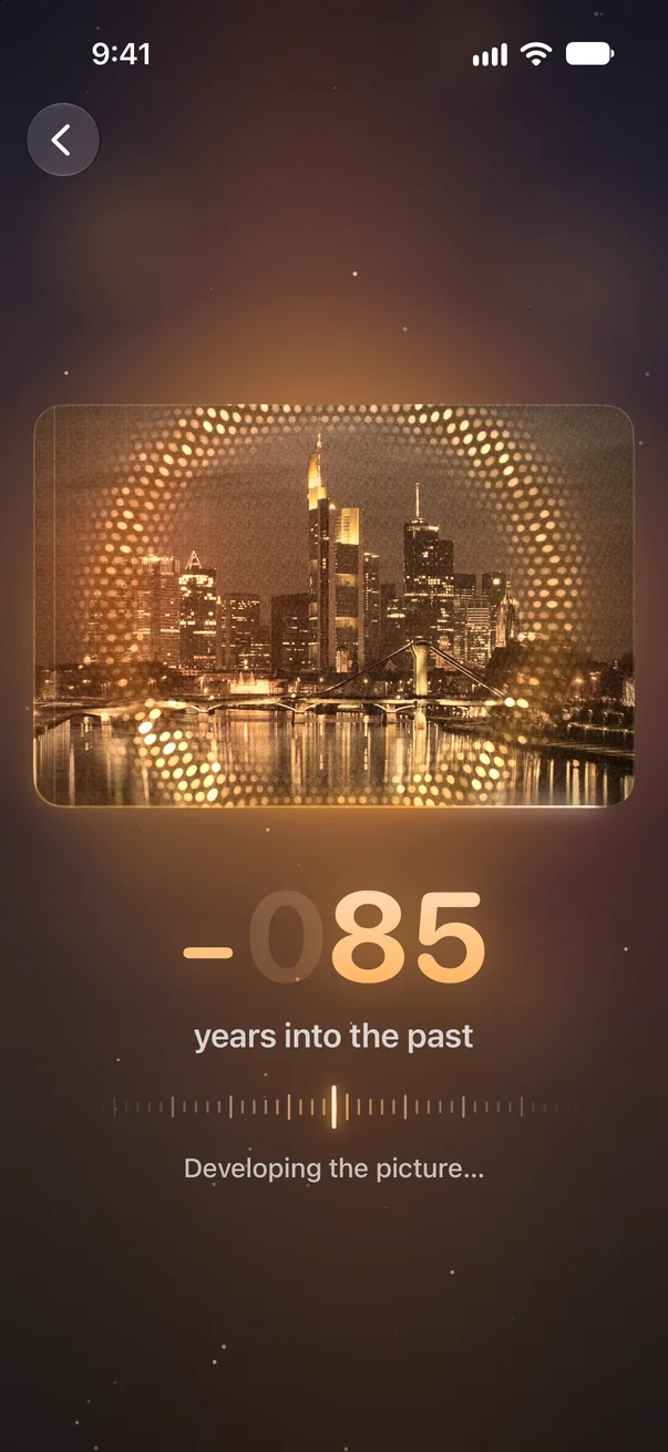 The photo developing in warm film tones while a counter rolls through the years into the past